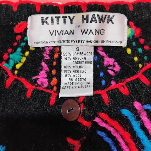 Vtg Kitty Hawk Vivian Wang Small Multicolor Cardigan Sweater Art Bold Angora L - Picture 7 of 7
